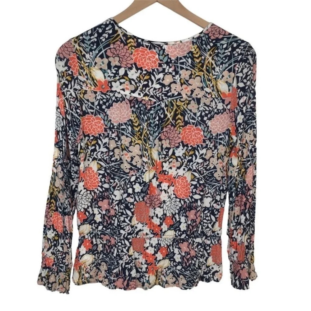 ANTHRO MAEVE PUFF SLEEVE BEGONIA PEPLUM FLORAL TASSEL TIES blouse TOP M